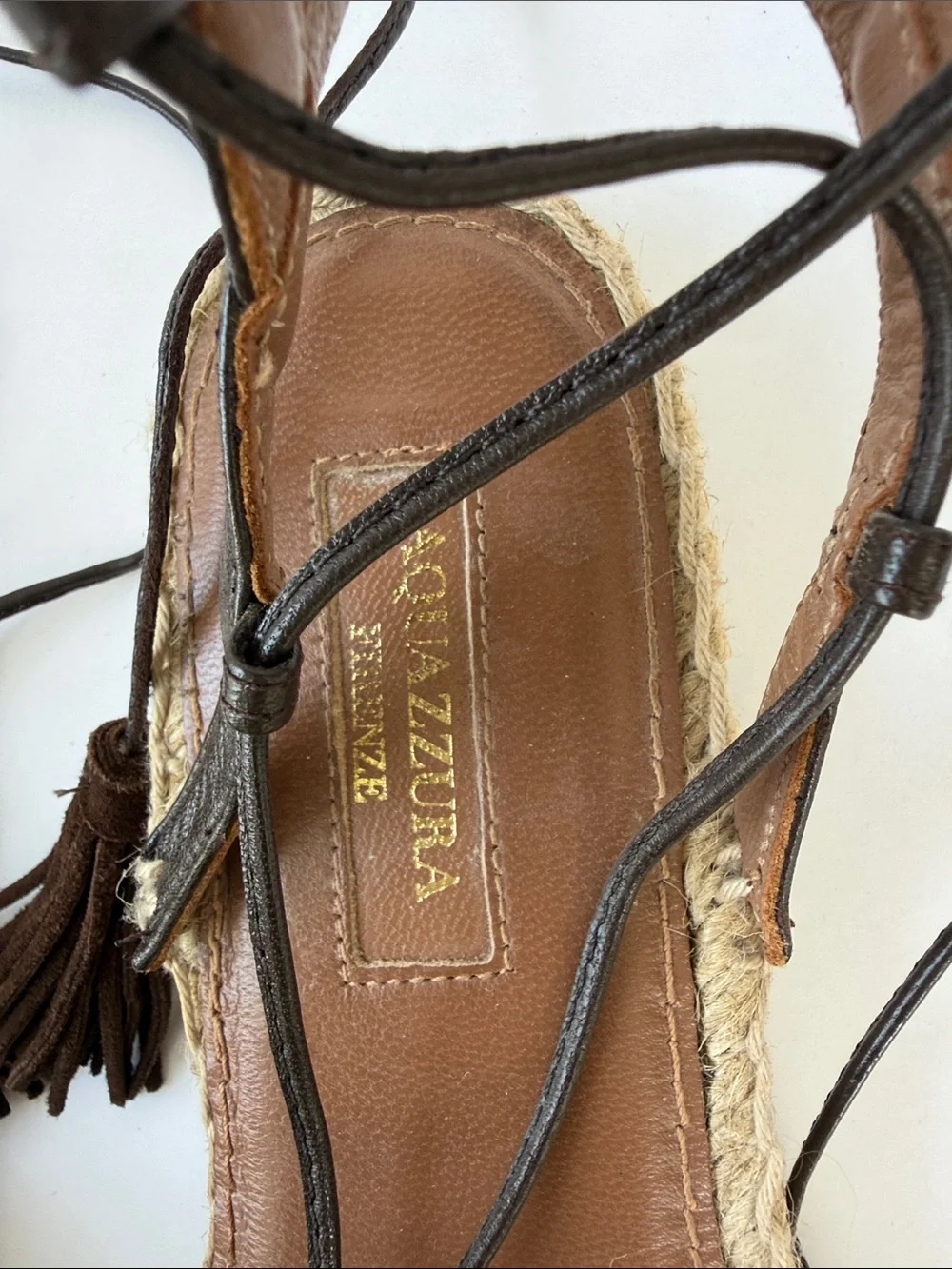 Aquazzura Pocahontas Brown Suede Fringe Espadrille Lace-Up Sandals Size 8 Tassel